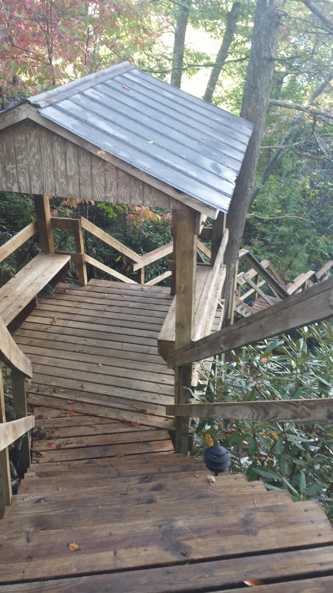 Metal roofed shelter over wooden steps on a wooded walkway — Skylight Repair & Installation work by our crew in Huntington Woods